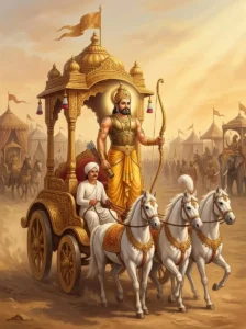 Kāśirāja stands in his war chariot on the battlefield of Kurukshetra, holding a golden bow.