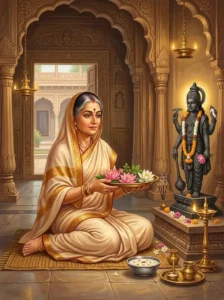 Queen Kauśalyā offers lotus flowers and tulsi leaves before a shrine of Vishṇu in her private apartments.