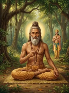 The sage Kauśika sits motionless in deep silent japa meditation in a forest, observed by King Ikshvāku.