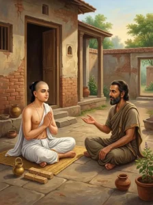 Kauśika the Brāhmaṇa humbly listens to the teachings of the Dharma-Vyadha in Mithila.