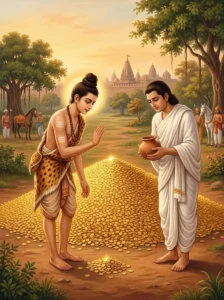 Sage Kautsa declines excess gold showered by Kubera in the presence of King Raghu.