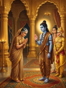 The rakshasi Kekasi bows with humility before Rāma in Laṅkā.