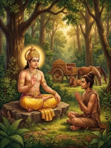 King Keshidhvaja teaches the path of yoga to his cousin Khandikya in a peaceful forest glade.