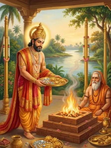 King Cōḷa offers jewels and golden flowers at a grand Vedic fire sacrifice with sage Mudgala.