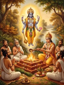 King Gaya offers oblations in a fire sacrifice as four-armed Vishṇu appears above the altar.