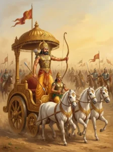 The King of Ambashṭha stands on his war chariot on the battlefield of Kurukshetra, raising his bow to command his army.