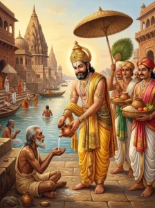 King Kirtiman distributes charity to sages and citizens during Vaisakha beside the Gaṅgā in Kāśī.