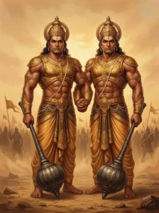 The identical twin danava brothers Koka and Vikoka stand shoulder-to-shoulder holding heavy iron maces.