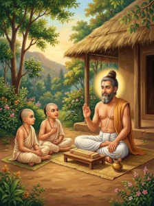 The Brāhmaṇa sage Kośakāra teaching Vedic verses to his two young sons at his peaceful forest dwelling.