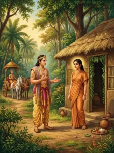 Kotikasya stands before Draupadi at the forest hermitage, serving as an envoy to persuade her.