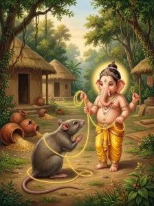 The mouse Krauñca bows in devotion before the infant Gajānana in Parashara's āśrama.