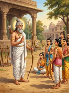 The elder teacher Kripacharya instructs the young Kuru princes in archery on the practice field.