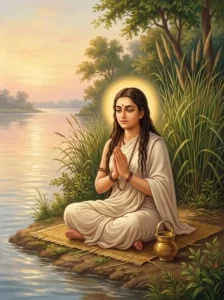 Kṛpī seated in quiet prayer on kusha grass at the water's edge of the Gaṅgā.
