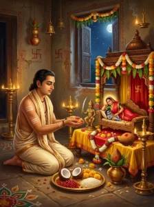A householder performing the Kṛshṇa Janmashtami vrata puja before the decorated ceremonial birth-chamber altar of mother Deva