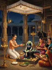 A devout worshipper performing the Krishnashtami Vrata rites to a Śiva Liṅga at night alongside women devotees