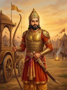 Kṛtavarman stands in gold armour beside his war chariot with a bow and sword on the battlefield.