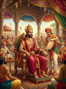 King Kshatradeva seated on a throne in an assembly of monarchs preparing for the Kurukshetra war.