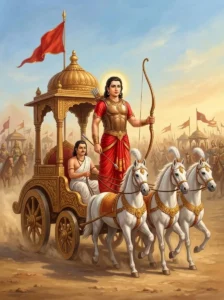 Kshatradharma stands on his chariot with a bow and arrow during battle in the Purāṇas.