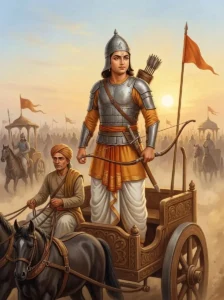 The warrior Kshatradharman stands ready with a bow upon his battle chariot amid the Pāṇḍava forces.
