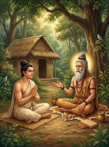 The exiled prince Kshemadaśī sits humbly before the sage Kālakavṛkshīya to receive guidance on dharma.