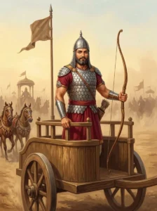 King Kshemadhurti of the Shalvas stands resolute on his war chariot, holding a bow during the Kurukshetra War.