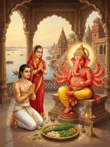 Prince Kshipraprasādana and Queen Kirti worship Dhundhiraja Gaṇeśa in Kāśī.