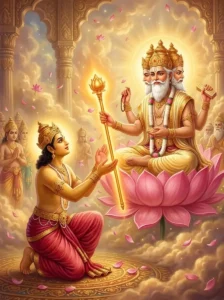 Kshupa reverently receives the glowing golden staff of cosmic rule from the four-headed deity Brahma.