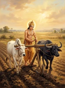 King Kuru ploughs the sacred field of Samantapancaka with the bull of Śiva and the buffalo of Yama.
