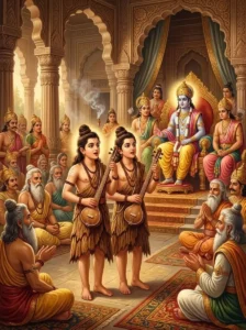 Twin brothers Kuśa and Lava singing the Ramayana before Rāma in the royal assembly hall.
