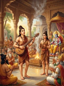 Youth Kuśa sings the Ramayana with his twin Lava before Rāma's sacrificial assembly in morning light.
