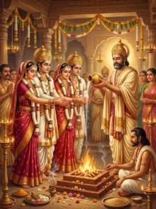King Kuśaketu performs the kanyadana ceremony, wedding his daughters Mandavi and Shrutakirti to Bharata and Shatrughna.