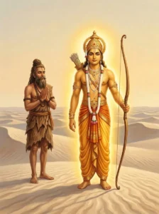 King Kuvalāśva with Vishṇu's golden aura stands on the Ujjanaka desert dunes near ṛshi Uttanka.