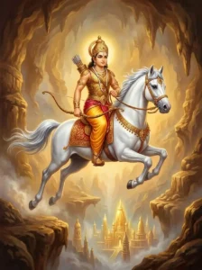 Prince Kuvalayashva rides the divine steed Kuvalaya through the air above the subterranean realm of Patala.