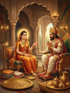 Princess Lakshana instructs her father, the king of Madra, on offering devout gifts to Vishṇu.