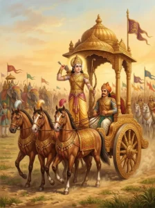 Young Kaurava prince Lakshmaṇa Dhārtarāshṭra stands in his war chariot holding a bow, ready for battle.
