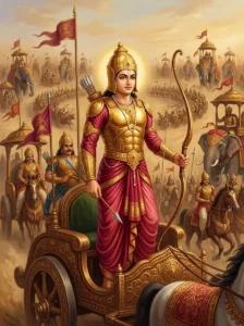 Lakshmaṇa stands resolute on a golden chariot with his bow and arrow amid the Kaurava army.