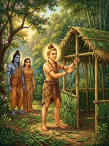 Lakshmaṇa constructs the forest dwelling at Chitrakuta for Rāma and Sitā.