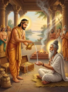 King Yudhishṭhira performs the sacred rite of dana to a sage to overcome lobha.