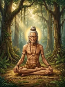 Sage Lomaśa sits in deep meditation on kusha grass in a forest, absorbed in tapas.