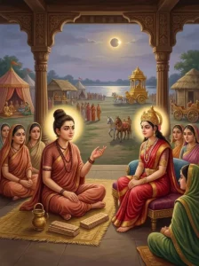 Learned sage-wife Lopamudrā engages in philosophical discussion with Sītā at Kurukshetra during a solar eclipse.
