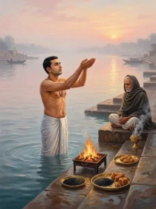 A devout householder performs the pre-dawn ritual bath and charity of the month of Magha on the bank of the holy river