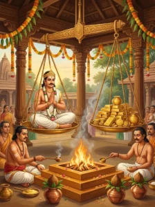 A king performing the Tulapurusha Mahadana rite, balanced on a monumental ceremonial scale against heaps of gold inside a sac