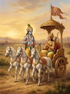 Kṛshṇa teaching Arjuna on a grand war chariot before the great war in the Mahābhārata.