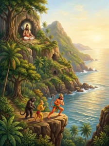 Parasurama meditates on Mahendra Parvata as Hanumān prepares to leap across the ocean.
