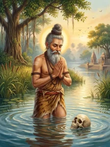 Mahodara Muni stands in the river Sarasvati as a skull miraculously detaches from his leg.