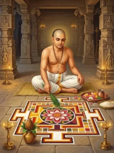 A Hindu priest performing the Maṇḍala Vidhi rite, consecrating an elaborate Sarvatabhadra maṇḍala