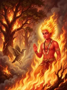Mandapala as a sarangaka bird pleads before the fire god Agni in the burning Khandava forest.
