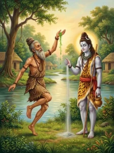 Sage Maṅkaṇaka dances in joy as plant sap flows from his hand before Śiva.