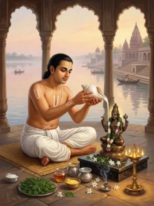 A Vaishṇava devotee performs the ritual morning worship of an icon of Vishṇu with milk poured from a conch shell during the s