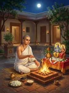A householder devotee dressed in white performs the full-moon vrata rites before an altar of Lakshmī and Nārāyaṇa beside a sa